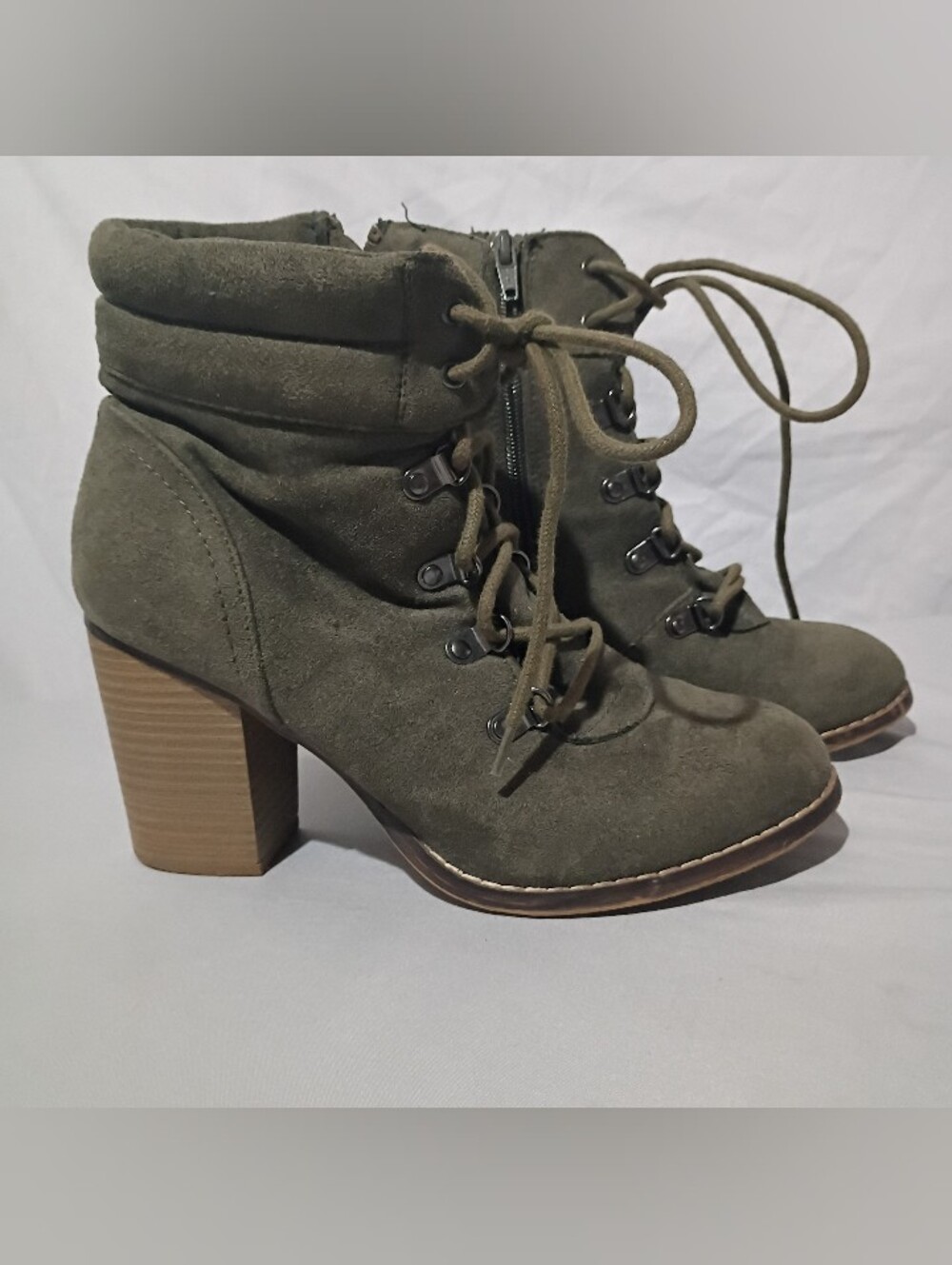 Candie's Olive Suede Lace-Up Block Heel Ankle Boots